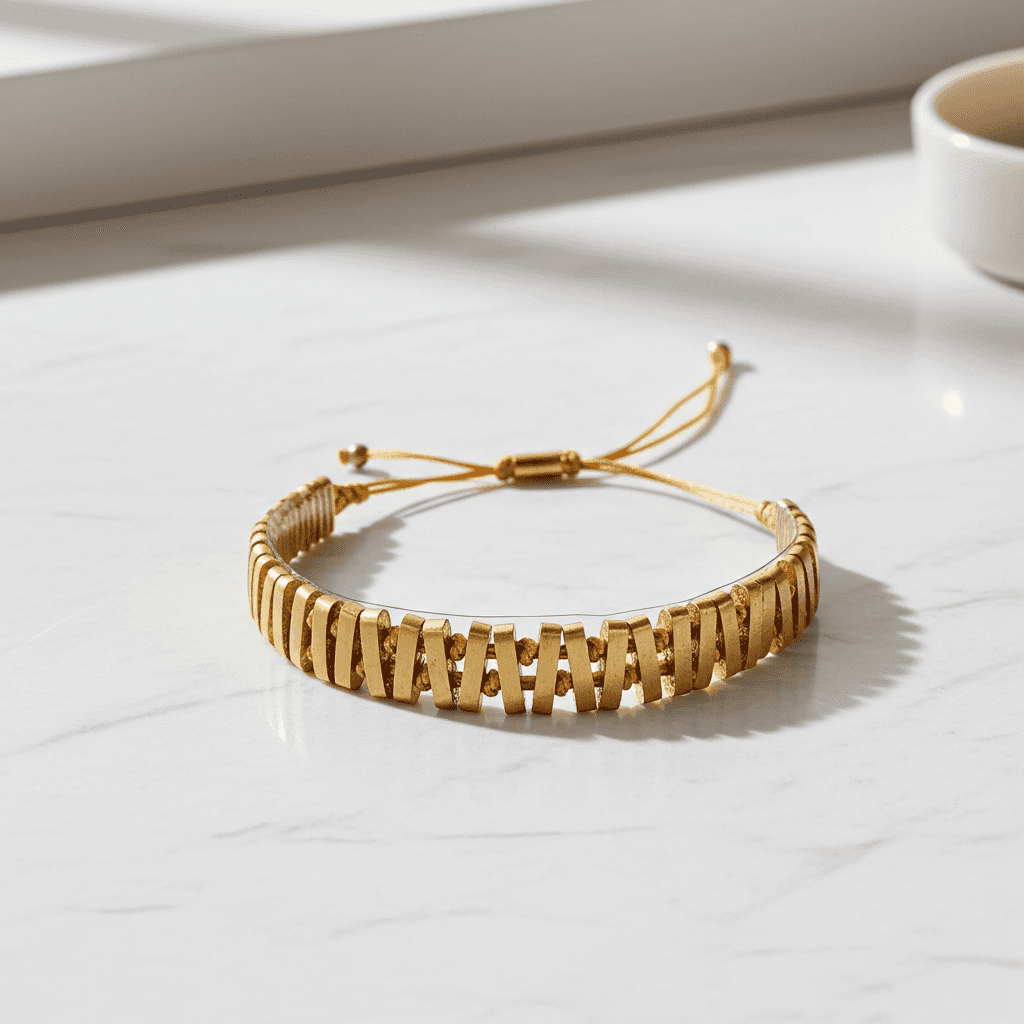 Handgefertigtes Bronze-Armband "Meridian" von Juwelier Alen, verstellbar mit gold- und beigen Akzenten.