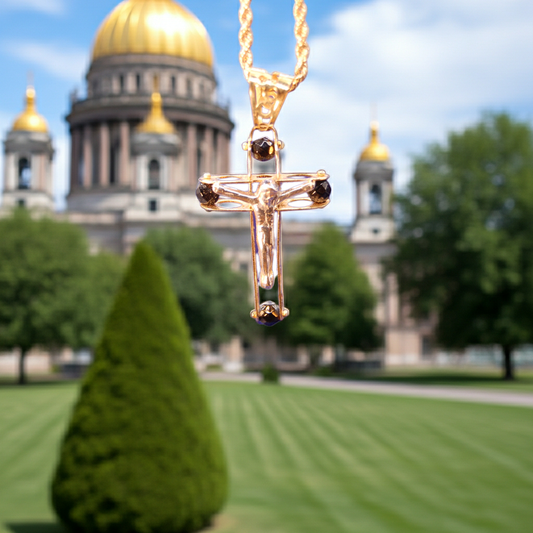 Kordelkette mit Kreuz-Anhänger, 750er Gelb-/Weißgold (18 Karat) mit Onyx