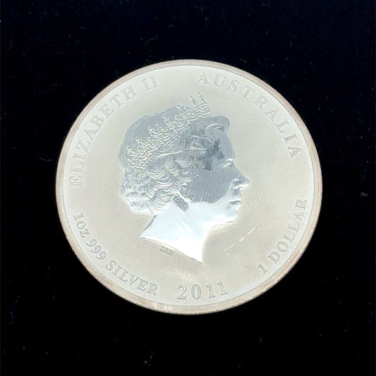Australische 1-Dollar-Münze von Perth Mint, Year of the Rabbit, 1 Unze Silber, detailreiche Tiermotiva in Silber
