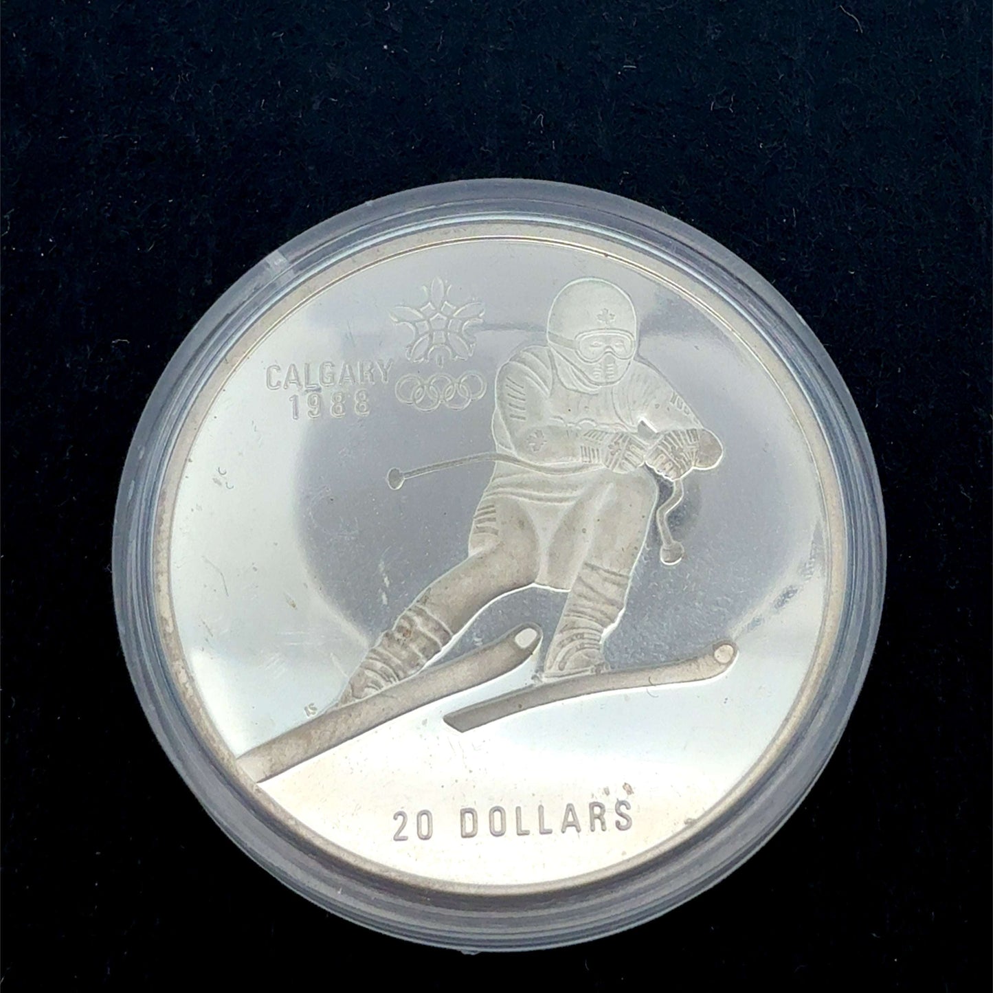 20-Dollar-Silbermünze Kanada 1988 mit alpinem Skifahrer, Olympische Winterspiele Calgary, Royal Canadian Mint