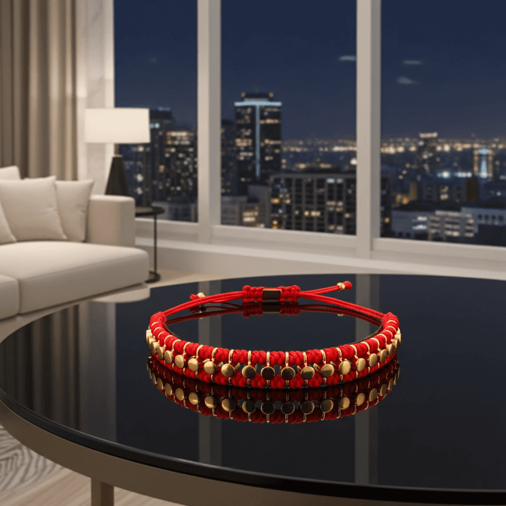 Handgefertigtes Statement-Armband "Aurelia" in Gold und Rot, verstellbar, von Juwelier Alen, mit eleganten Designdetails