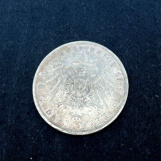 Drei Mark Münze vom Deutschen Reich, Wilhelm II. König von Württemberg, 1911, mit Kaiserporträt und Münzprägung.