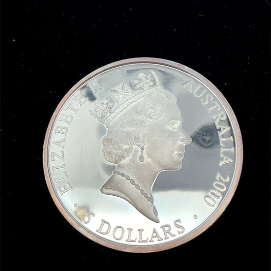Australische 5-Dollar-Silbermünze der Royal Australian Mint, Olympia Sydney 2000, detailreiche Abbildung der Silbermünze