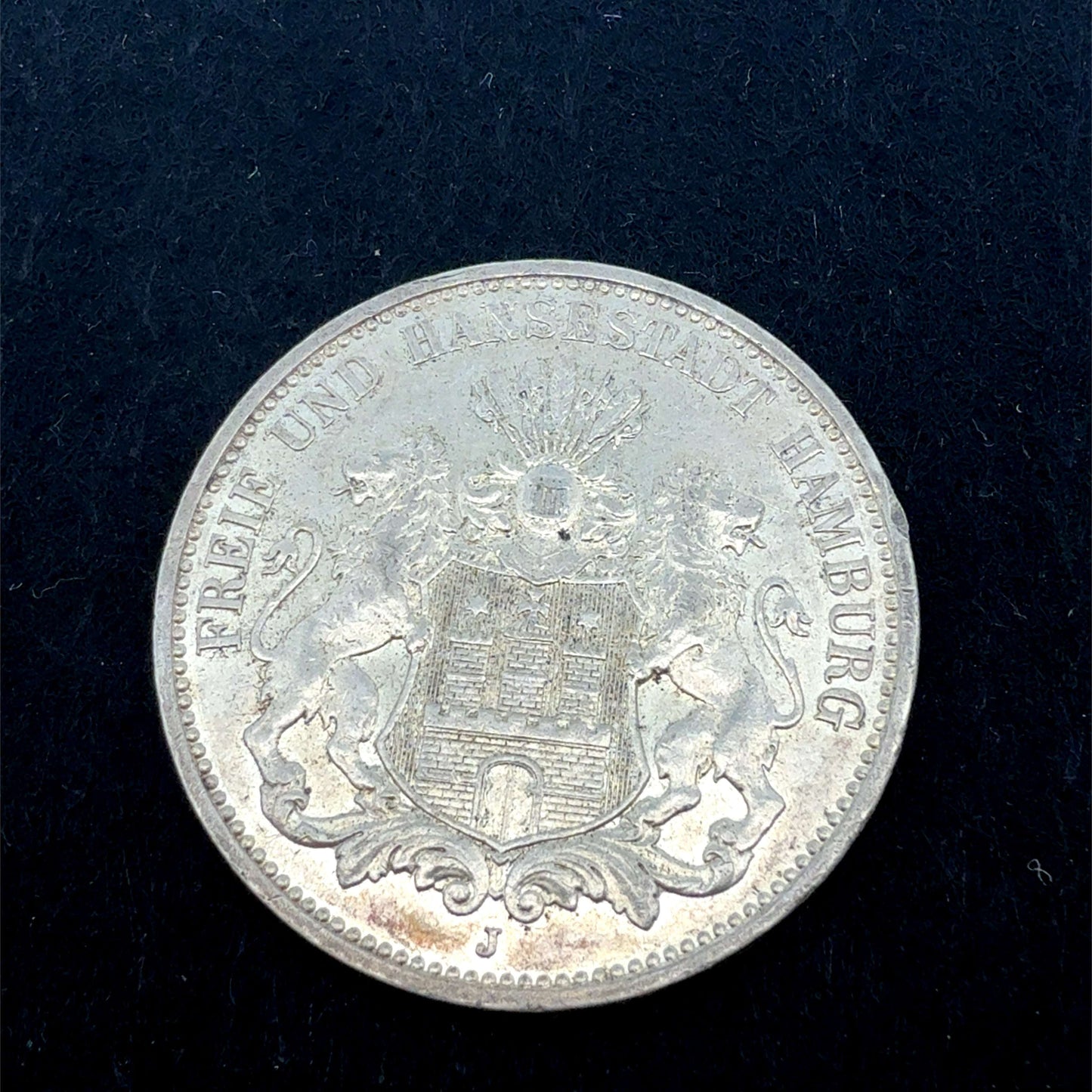 Historische 3-Mark-Silbermünze Hamburg 1911 J, Silbermünze der Freien und Hansestadt, geprägt vom Juwelier Alen.