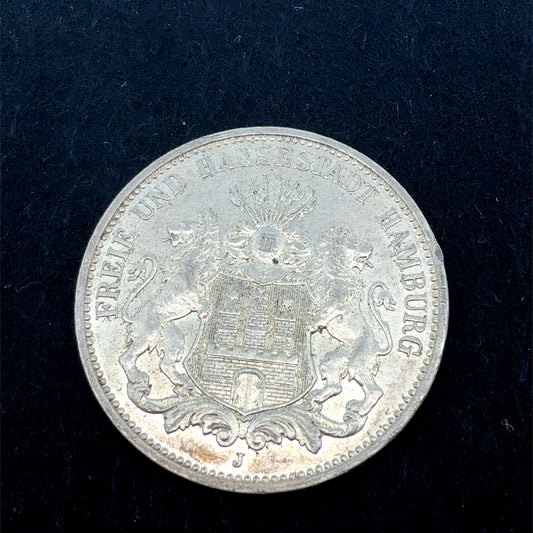 Historische 3-Mark-Silbermünze Hamburg 1911 J, Silbermünze der Freien und Hansestadt, geprägt vom Juwelier Alen.