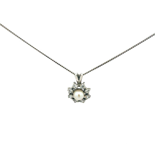 Kette Silber 925 – 3,35 g, 45 cm mit Perlen- und Zirkonia-Anhänger Anhänger Juwelier Alen