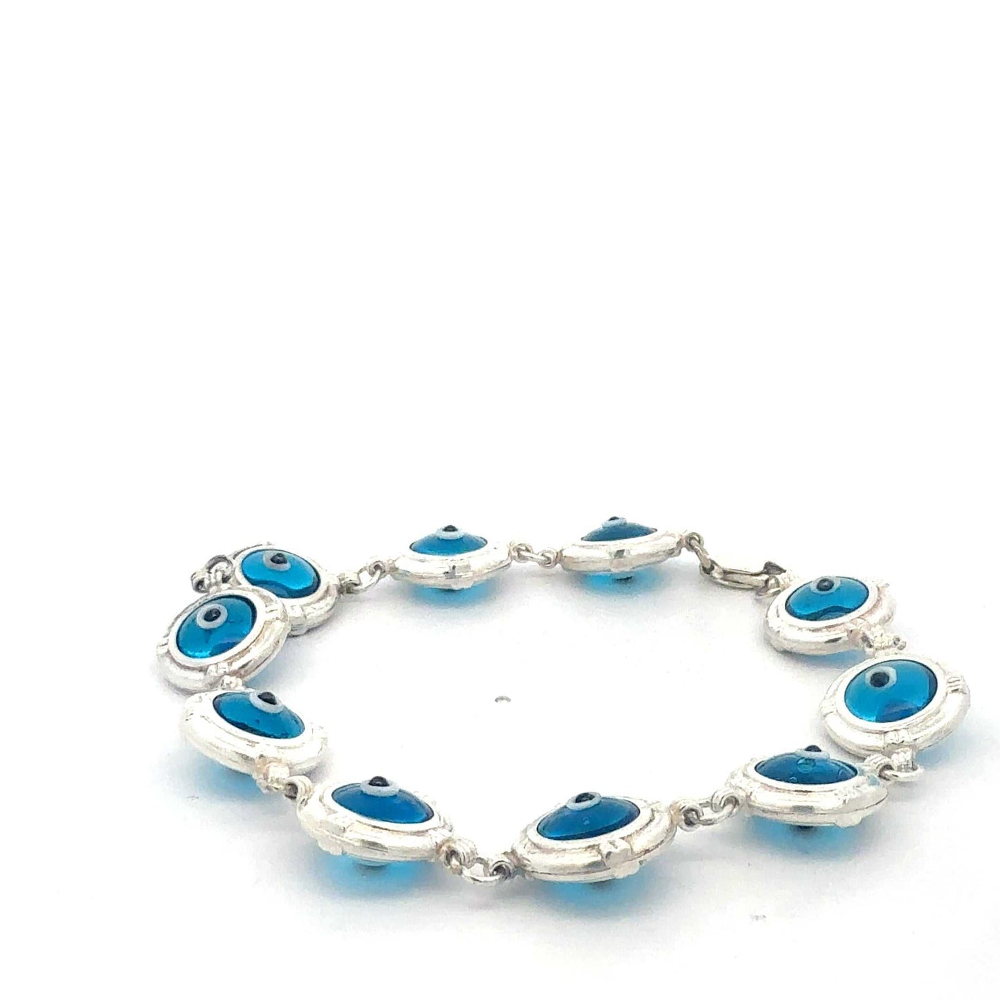Sterlingsilber Armband mit Nazar-Steinen, handgefertigt, von Juwelier Alen, detailreiche Schmuckfassung, elegante Accessoire.