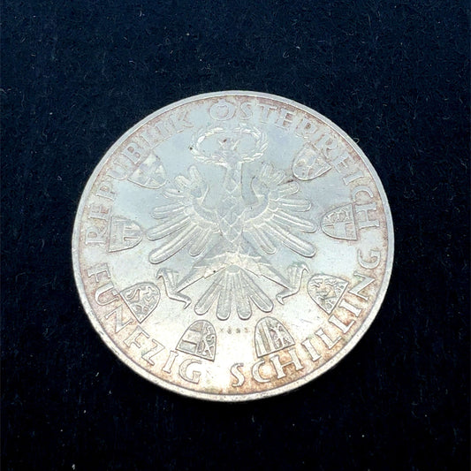 Österreich 50 Schilling Silber Gedenkmünze 1959, Münze Österreich, detailreiche Abbildung der Gedenkmünze aus Silber.