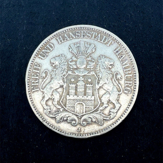 Historische 5 Mark Silbermünze Hamburg 1876 J, Sammlermünze, mit Hamburg-Design, von Juwelier Alen