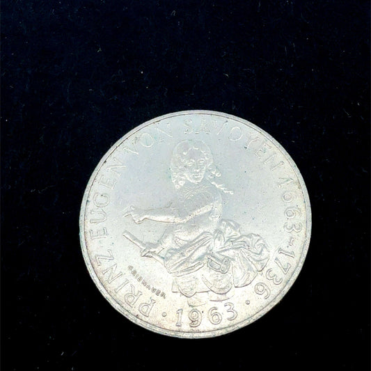 25 Schilling Silbermünze Österreich 1963, Rückseite, Juwelier Alen, detailreiche Münzprägung in Silber
