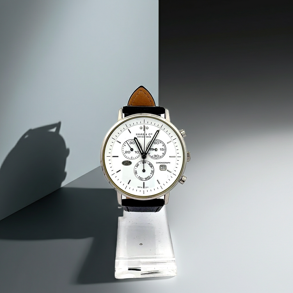Haas & Cie Herren Chronograph | Swiss Made | Edelstahl | Lederarmband | Klassisch