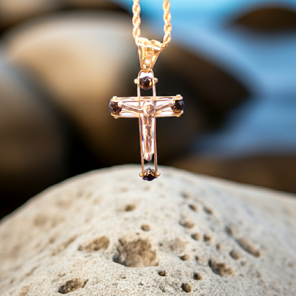 Kordelkette mit Kreuz-Anhänger, 750er Gelb-/Weißgold (18 Karat) mit Onyx