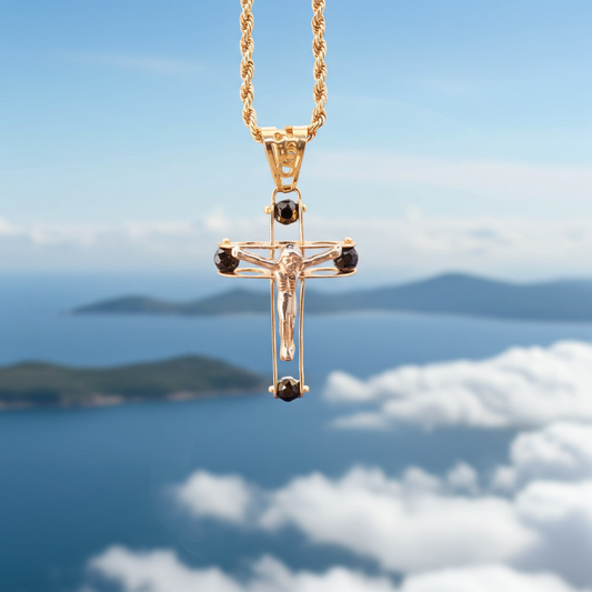 Kordelkette mit Kreuz-Anhänger, 750er Gelb-/Weißgold (18 Karat) mit Onyx