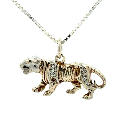 Silberkette 925 mit Tiger-Anhänger vergoldet und Zirkonia - Frontansicht