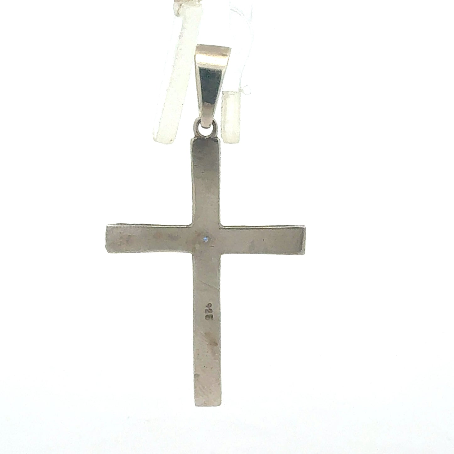 Echtsilber Kreuzanhänger spirituell - Rückseite des leuchtenden blauen Steins