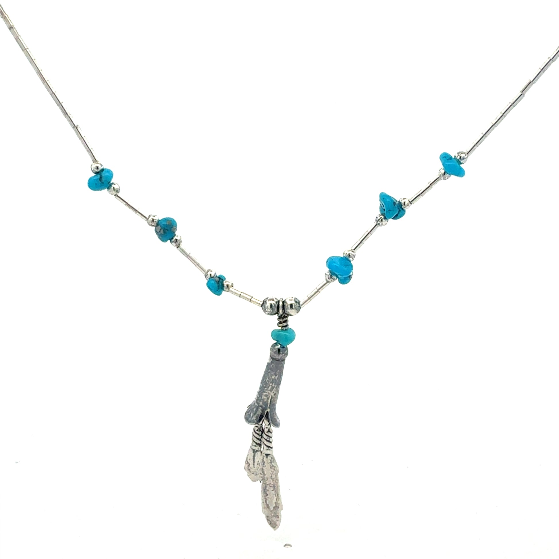 Silberkette 925 mit zwei Federn-Anhängern und blauen Steinen - Gesamtansicht