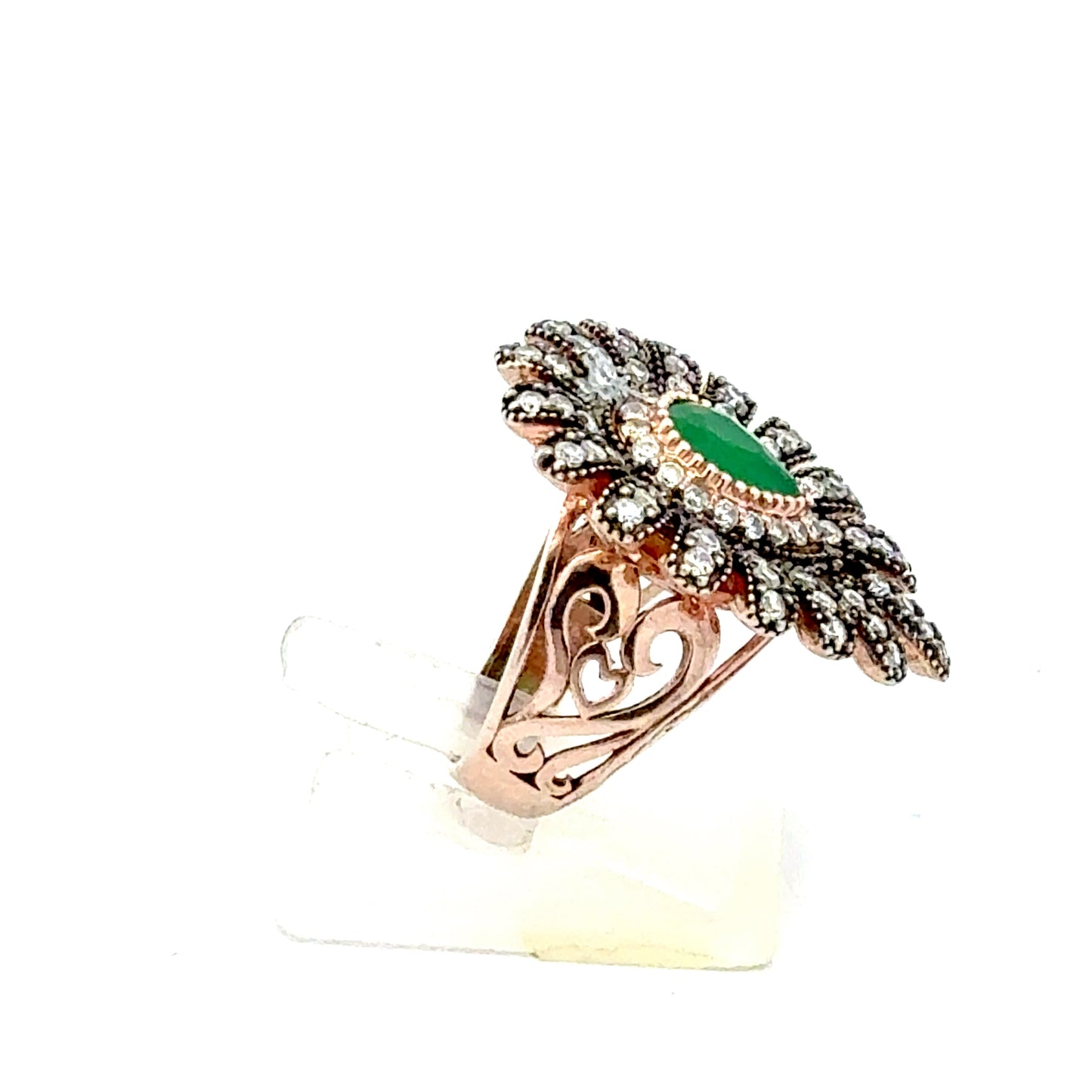 Eleganter Ring aus 925er Silber rosévergoldet mit Zirkonia & grünem Stein