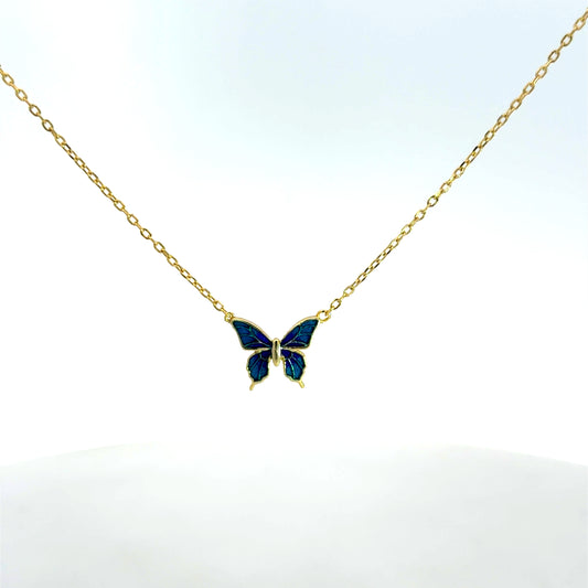 Silberkette 925 vergoldet – 1,81 g – mit blau emailliertem Schmetterlingsanhänger – 47 cm Halskette Juwelier Alen