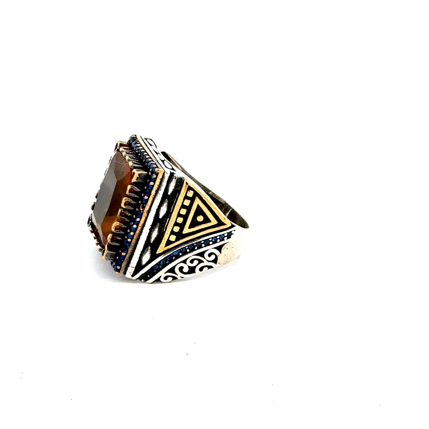 Silberring 925 – teilvergoldet – Größe 64 – 18,48 g – Farbwechselnder Hauptstein Ring Juwelier Alen