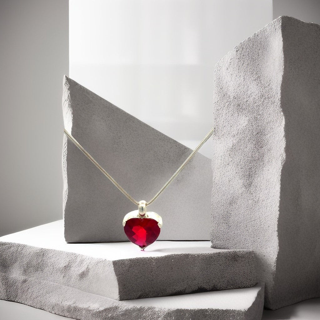 Kette Silber 925 – 15,89 g, 45 cm mit Herzanhänger und rotem Stein