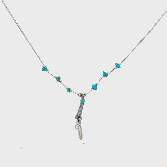 Kette Silber 925 – 4,29 g, 42 cm mit 2 Federn-Anhängern und blauen Steinen