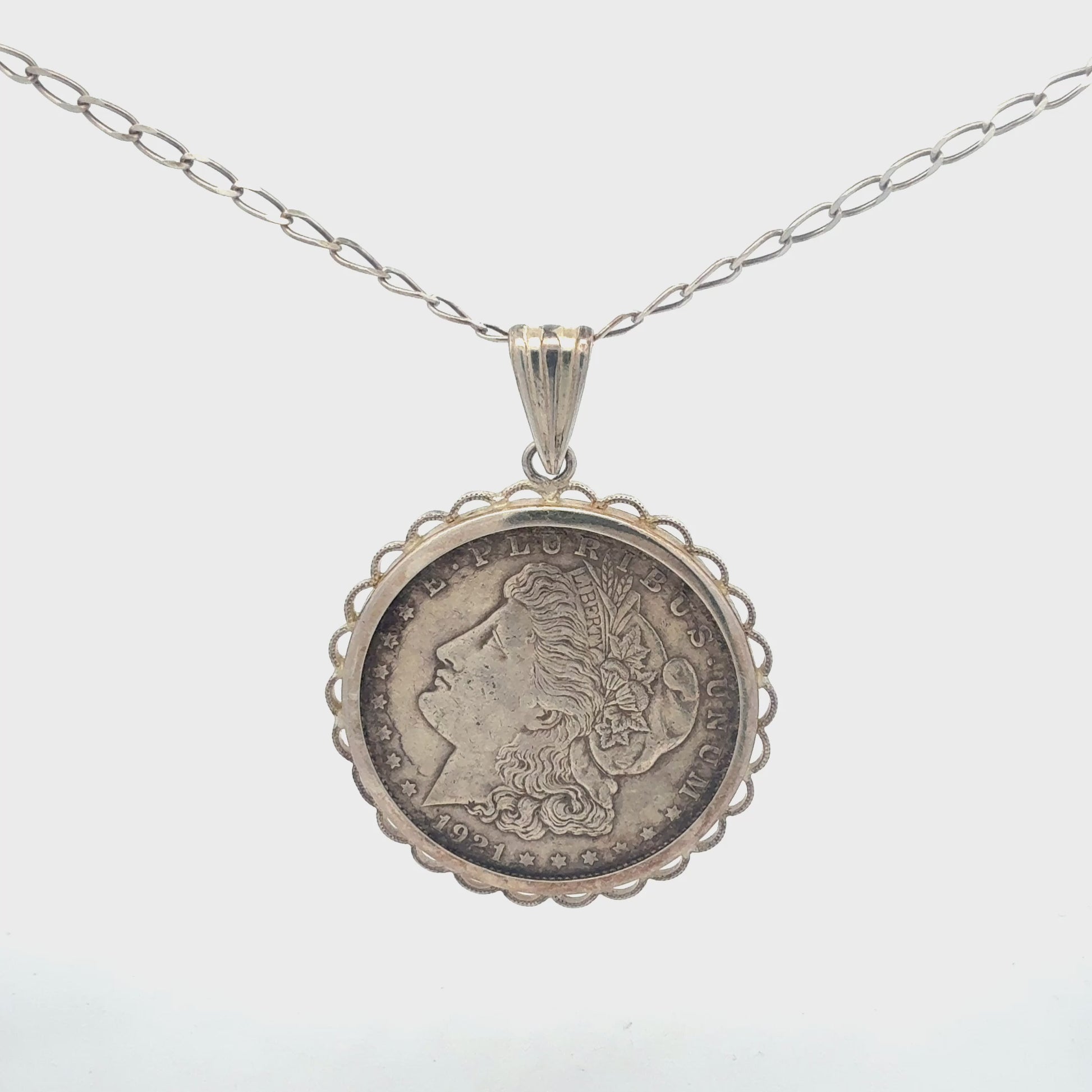 Silberkette 925 mit Dollar-Münzanhänger 65 cm – 360° Ansicht und Details