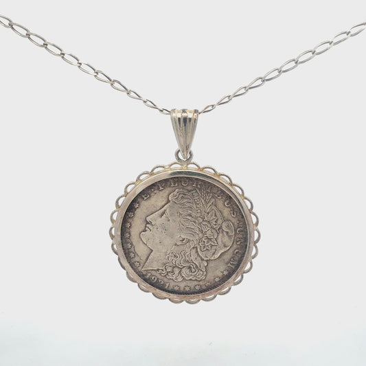 Silberkette 925 mit Dollar-Münzanhänger 65 cm – 360° Ansicht und Details